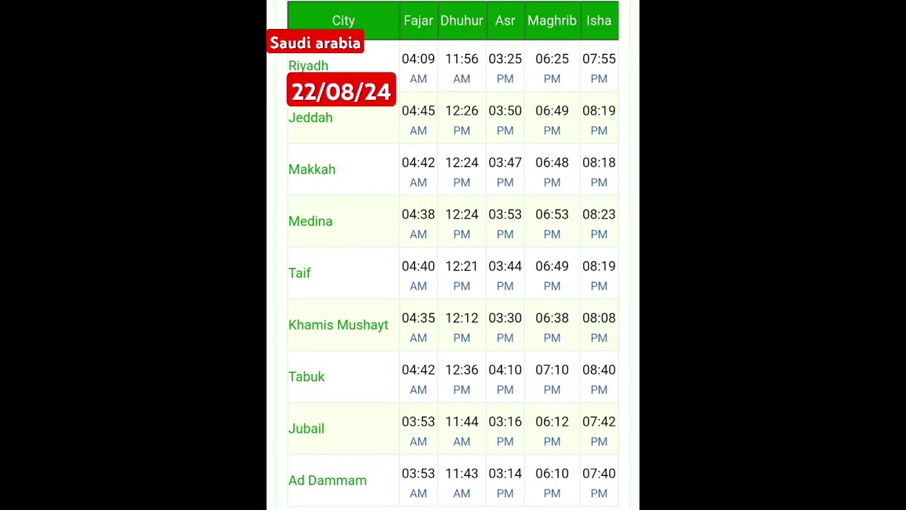 saudi fajar azan time || 5 times namaz timing of saudi arabia 22-august-2024